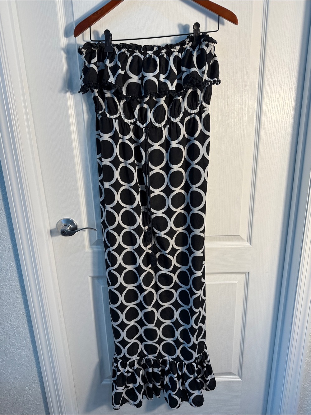 Mud Pie Off Shoulder Maxi Dress Black w/White Circles Size M